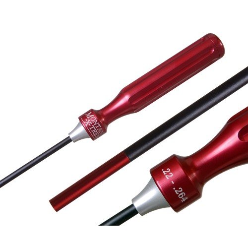 1-delt, belagt rengjøringsstang i fjærstål for rifler, med komfortabelt håndtak og smidige ledd, beskytter løpet og gir effektiv rengjøring uten bøying.