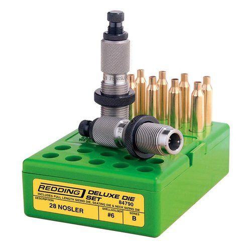 Redding Deluxe 3-die sett inkluderer full lengde sizing die, standard seating die og neck sizing die, laget av høykvalitets stål for presis og holdbar ammunisjon.