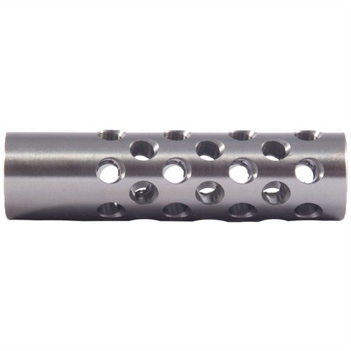 Denne multi-port muzzle brake reduserer følt rekyl og løfter muzzle, med 42 porter for maksimal kontroll. Krever gunsmithing for tilpasning.