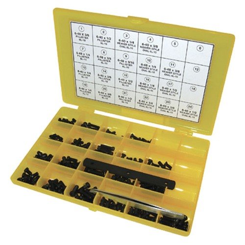 MASTER GUNSMITH SCREW KITS fra TACSTAR tilbyr 202 deler med premium 6-lobe skruer for sikrere montering, inkludert verktøy for enkel håndtering.