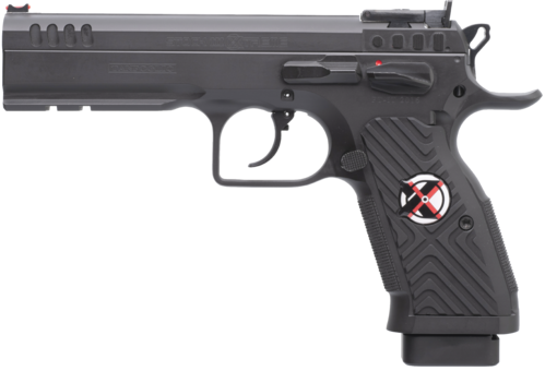 TANFOGLIO Stock III Xtreme 9mm har oppgraderte Xtreme deler, nettskjært aluminiumsgrep, fiberoptiske sikter og leveres med 4 stk 17-skudds magasiner i spesialkoffert.